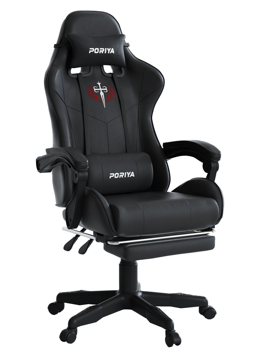 PORIYA Ergonomic Gaming Chair with Footrest, Adjustable Executive Office Chair, 90–145° Recline, Height Adjustable Racing Chair, PVC Leather, 150kg Capacity(Black)